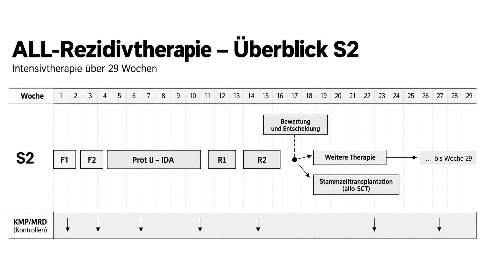 Vereinfachte Übersicht der 29-wöchigen ALL-Rezidivtherapie in Risikogruppe S2