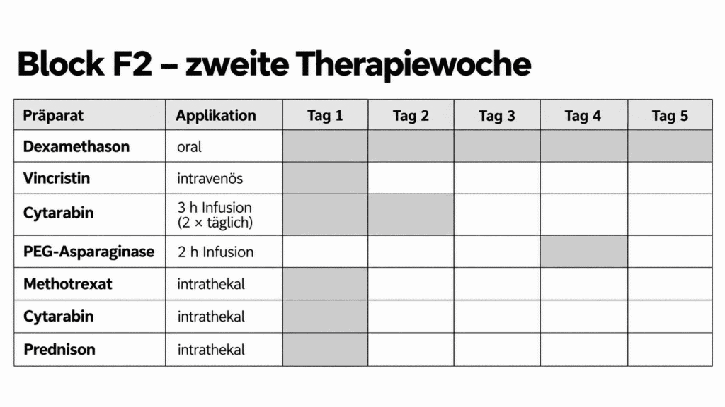 Übersicht zu Block F2 der ALL-Rezidivtherapie mit den Medikamenten und Behandlungstagen