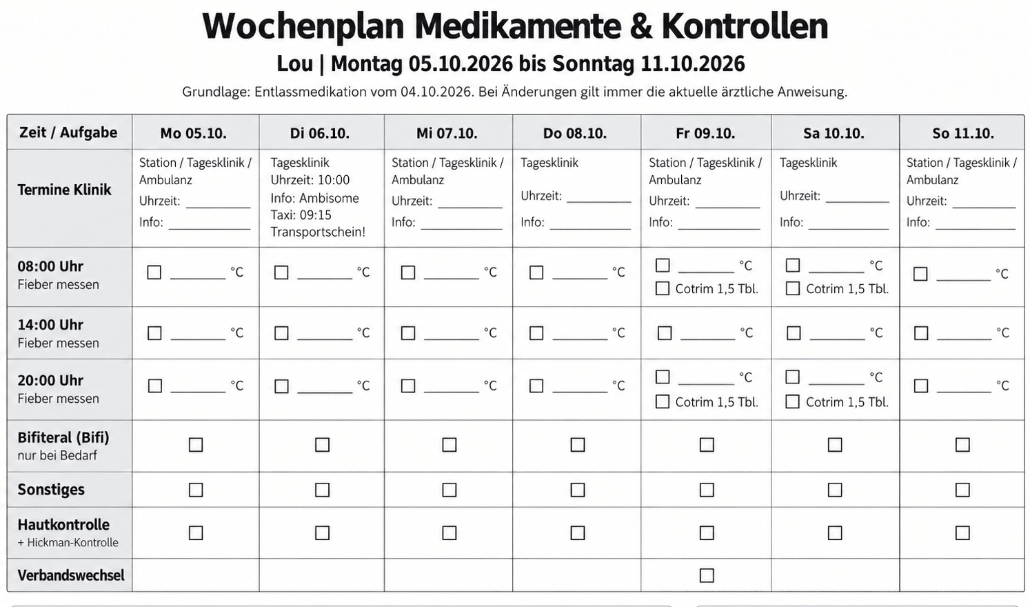 Wochenplan für Medikamente, Kliniktermine und tägliche Kontrollen während Lous Leukämietherapie